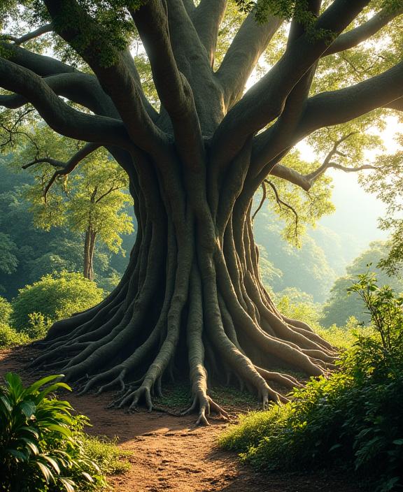 The sprawling roots of a banyan tree in a sunlit rainforest.