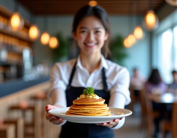 A barista proudly presenting a plate of Banyan Batter pancakes in a bright, modern cafe.