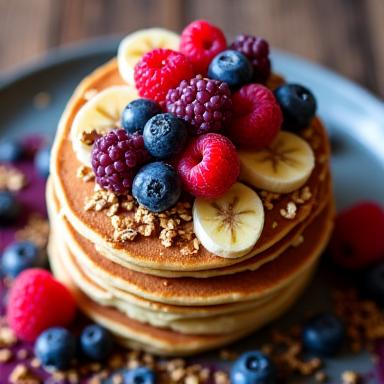 Açaí pancakes topped with granola and fresh fruit.