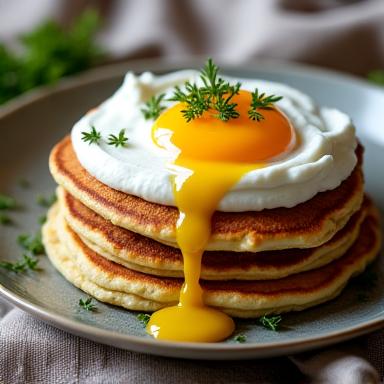 Savory pancakes with a dollop of yogurt and fresh herbs.